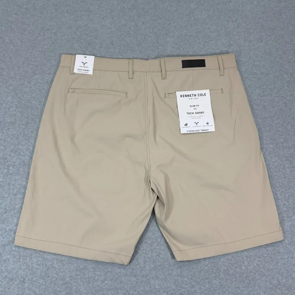 Kenneth Cole Mens 38x8 Slim Fit Tech Shorts Classic Khaki Stretch Flat Front NWT